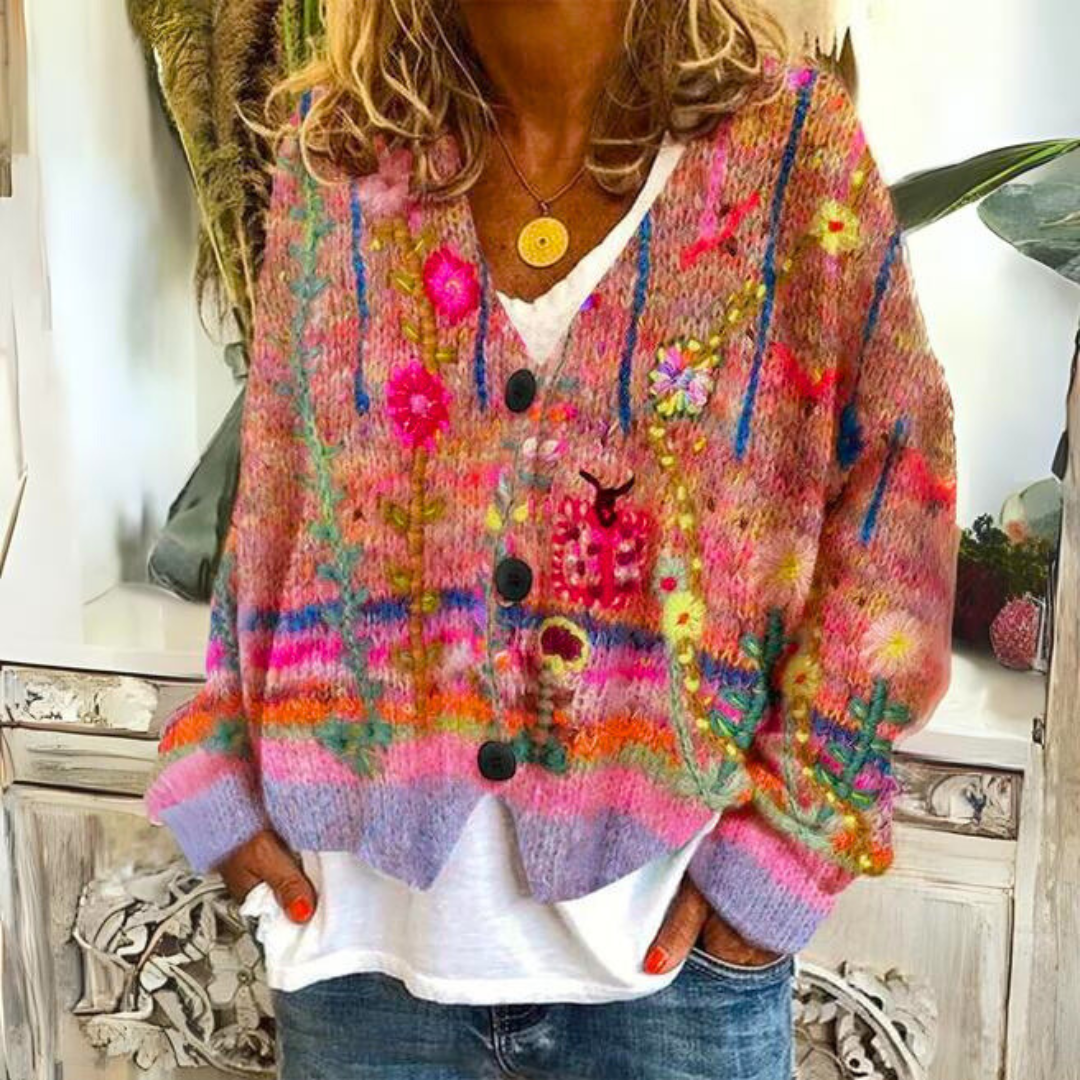 Elina - Cardigan bohème multicolore avec broderies florales femme
